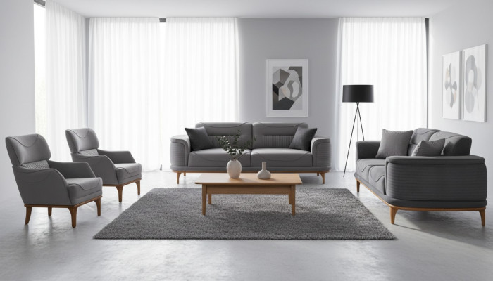 Modernes Graues Polstermöbel Set: Sofas und Sessel für Wohnzimmer Neu