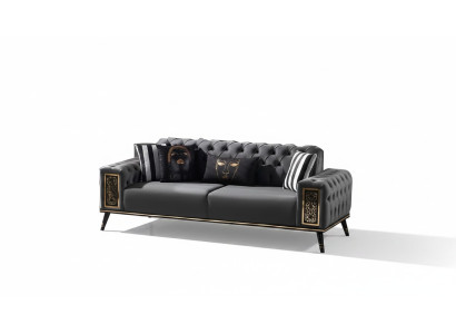 Chesterfield Schwarz-Goldener Dreisitzer Wohnzimmer Luxus 3-Sitzer Möbel