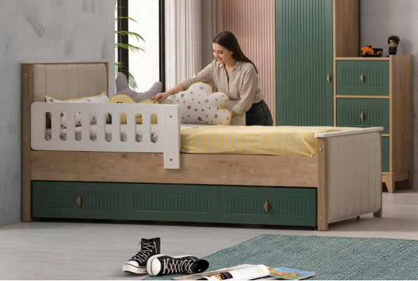 Stilvoll Kinderbett 200 cm Jugendbett Holz Kinderzimmer Stoff Modern