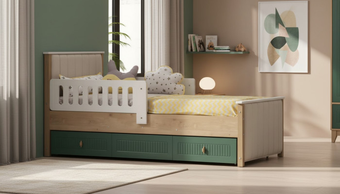 Stilvoll Kinderbett 200 cm Jugendbett Holz Kinderzimmer Stoff Modern