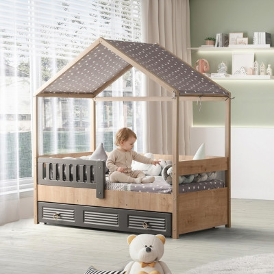 Bettrahmen Kinderbett 200 cm HolzBett Kinderzimmer Bettgestelle Grau