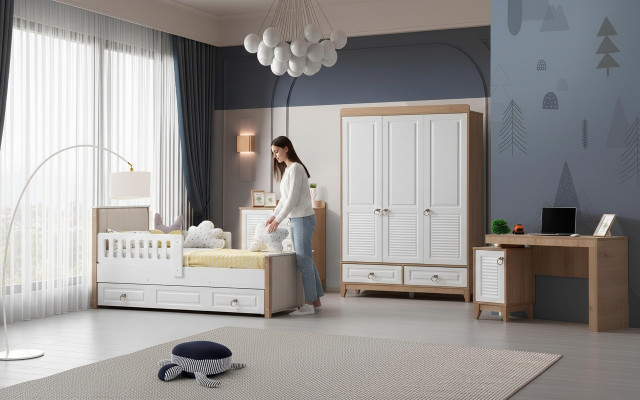 Modern Kinderzimmer Set Bett Kleiderschrank Kommode Schreibtisch Helles