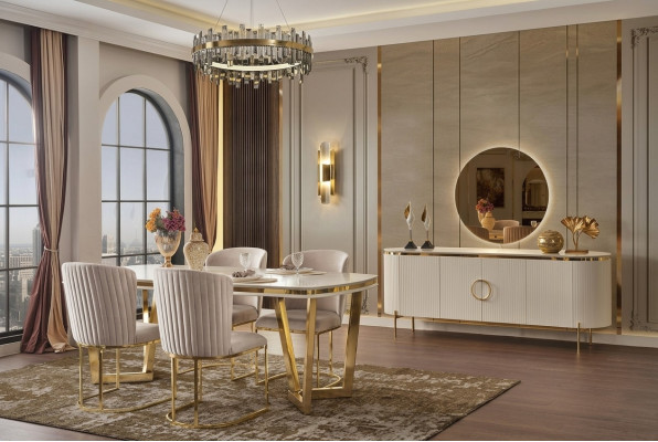 Esszimmer Set Besteht aus Design Esstisch 4x Stühle und Anrichte 7tlg.
