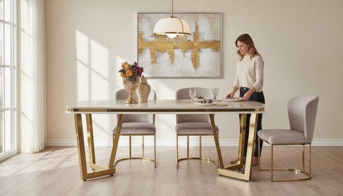 Modern Esszimmer Set Besteht aus Esstisch und 4x Stühle Beige 5tlg.