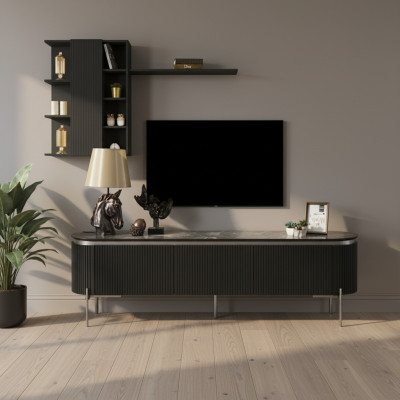  Wohnzimmer Set Besteht aus Schwarz TV Lowboard und Wandschrank 2tlg.