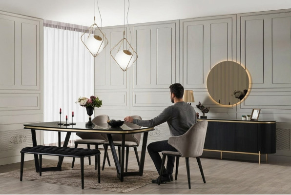 Modern 8tlg.Esszimmer Set Esstisch 4x Stühle Anrichte Spiegel Bank neu