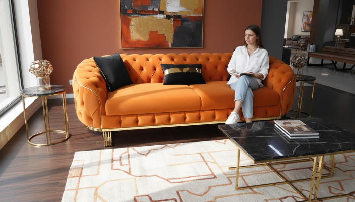 Stilvoll 3-Sitzer Sofa Chesterfield Orangefarbene Modern Wohnzimmermöbel