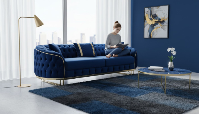 Blaues Chesterfield Sofa Designer Wohnzimmer Dreisitzer Edelstahl Möbel
