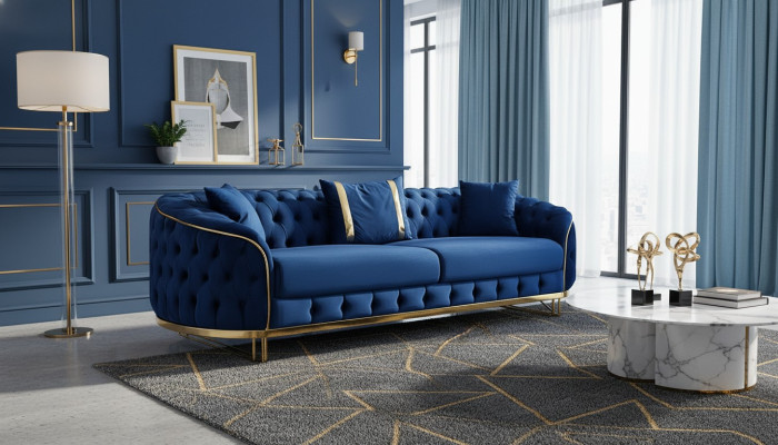 Blaues Chesterfield Sofa Designer Wohnzimmer Dreisitzer Edelstahl Möbel