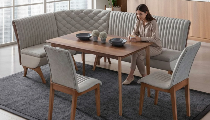 Designer Hellgraue Esszimmer Garnitur Polster Eckbank 2x Stühle Esstisch