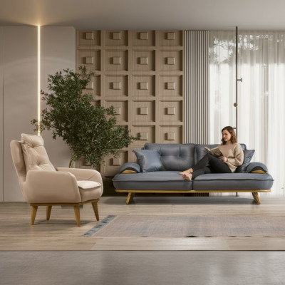 Stilvolle Grau-Beige Couchgarnitur Designer 3-Sitzer Luxuriöser 1-Sitzer