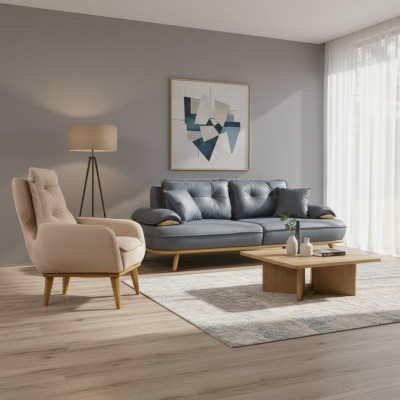 Stilvolle Grau-Beige Couchgarnitur Designer 3-Sitzer Luxuriöser 1-Sitzer