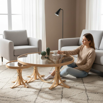Hellbraune Wohnzimmer Couchtische Designer Runde Sofatische 2tlg Set
