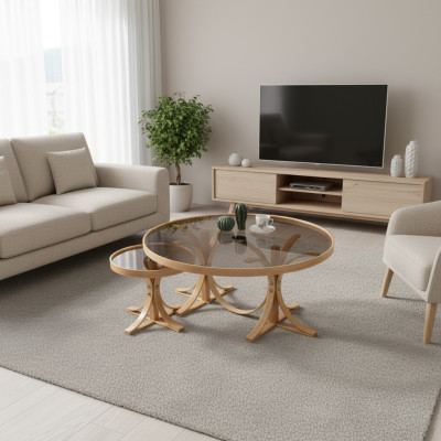 Hellbraune Wohnzimmer Couchtische Designer Runde Sofatische 2tlg Set