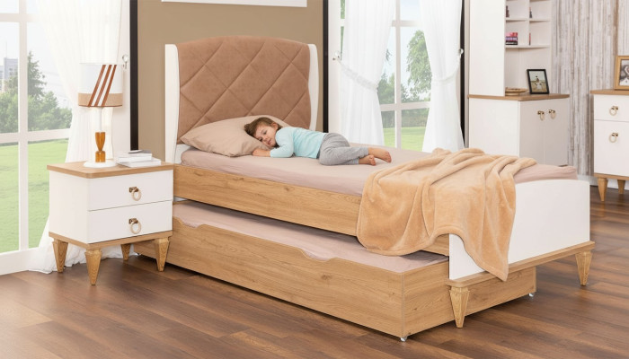 Beiges Ausziehbares Kinderbett Luxuriöses Schlafzimmer Bett Holz Möbel