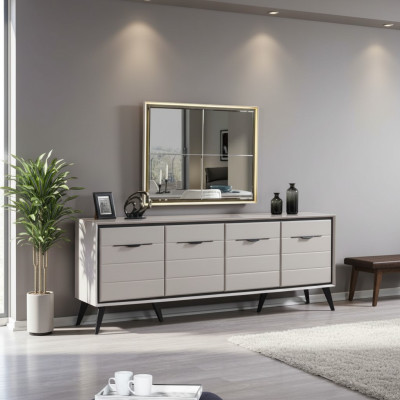 Weiße 4-türige Esszimmer Kommode Designer Anrichte Luxus Glas Spiegel