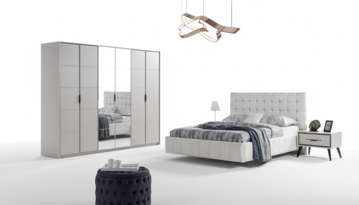 Weiße Schlafzimmer Garnitur Luxus Möbel Polster Bett Holz Kleiderschrank