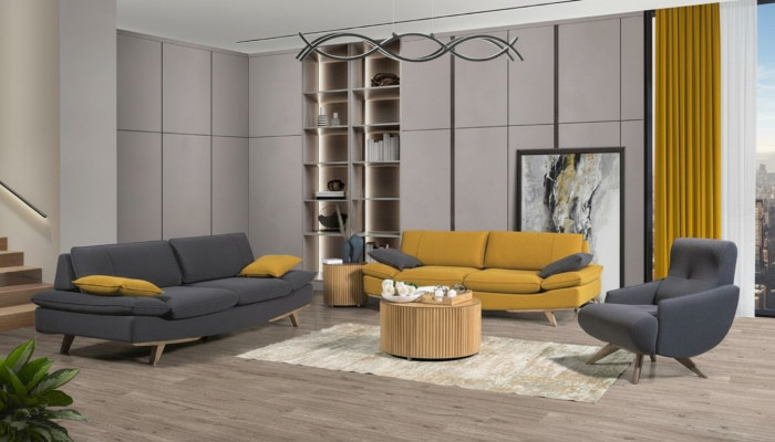  Grau-Gelbe Wohnzimmer Sitzmöbel Luxus 2x 3-Sitzer Couchen Einsitzer 3tlg