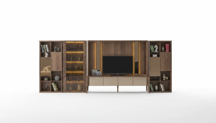 Moderne Braune Wohnwand Wohnzimmer Holzwand Mux LED-Regalen Wohnwände