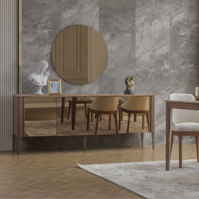 Braune Esszimmer Glas Anrichte Moderner Spiegel Komplettes 2tlg Set Neu