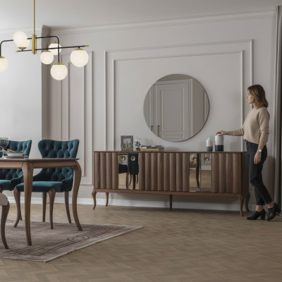 Braune 4-türige Anrichte Luxuriöser Spiegel Esszimmer Holz Möbel 2tlg