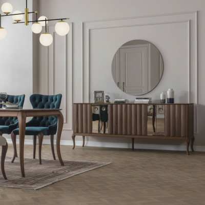 Braune 4-türige Anrichte Luxuriöser Spiegel Esszimmer Holz Möbel 2tlg