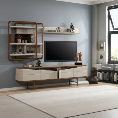 Beige Wohnzimmer Garnitur RTV-Lowboard 2x Regale Holz Designer Möbel