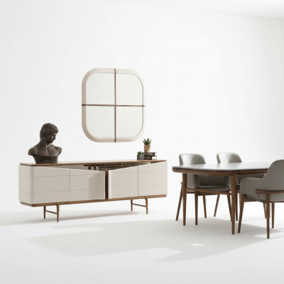 Esszimmer Set Beige Anrichte Rechteckiger Spiegel Luxuriöse Holz Möbel