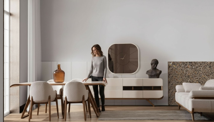 Weiß-braune Esszimmer Garnitur Moderner Esstisch 6x Polsterstühle 9tlg
