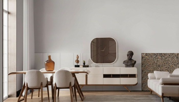 Weiß-braune Esszimmer Garnitur Moderner Esstisch 6x Polsterstühle 9tlg