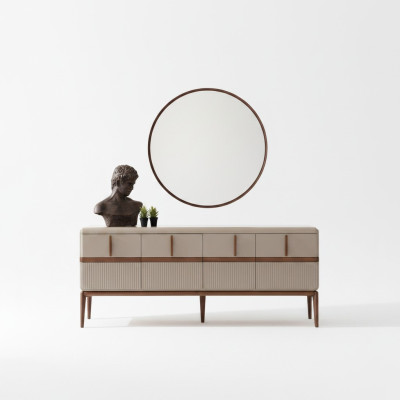 Beige Esszimmer Möbel Luxus Holz Anrichte 4-türig Glas Spiegel 2tlg Set