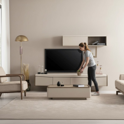 Beiges Lowboard Holz Regal Designer RTV-Schrank Wohnzimmer Luxus Möbel