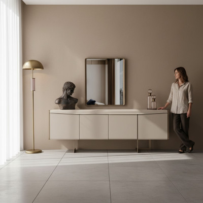 Beige Esszimmer Anrichte Rechteckiger Spiegel Stilvolle Holzmöbel 2tlg