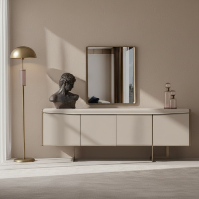 Beige Esszimmer Anrichte Rechteckiger Spiegel Stilvolle Holzmöbel 2tlg