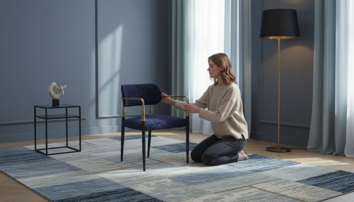 Moderner Blauer Stuhl Edelstahlgestell Textil Einsitzer Esszimmer Möbel