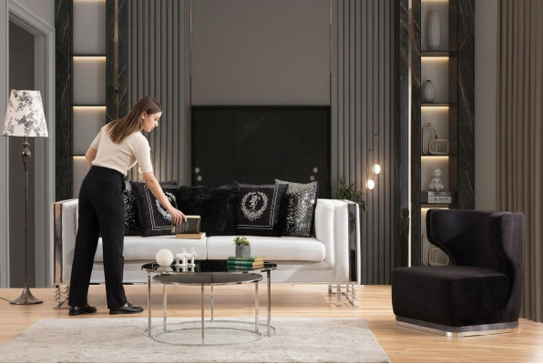 Weiß-Schwarze Couchgarnitur Wohnzimmer Sofas Dreisitzer Polster Sessel