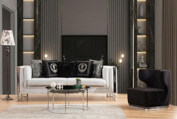 Weiß-Schwarze Couchgarnitur Wohnzimmer Sofas Dreisitzer Polster Sessel