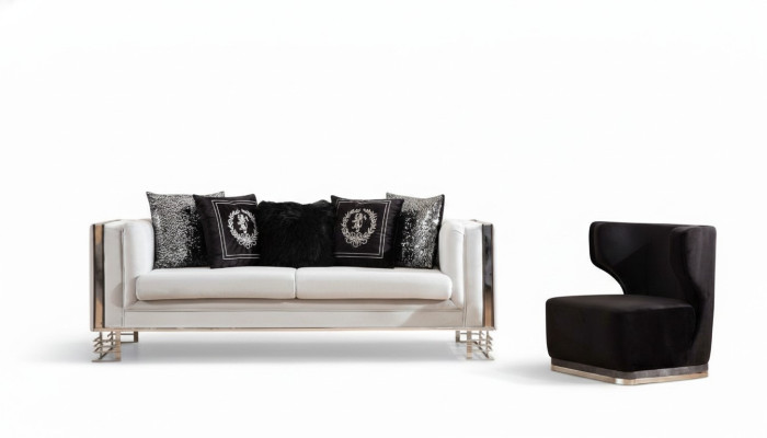 Weiß-Schwarze Couchgarnitur Wohnzimmer Sofas Dreisitzer Polster Sessel