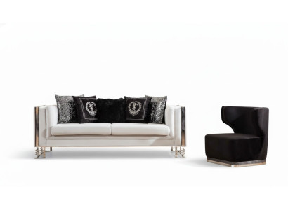 Weiß-Schwarze Couchgarnitur Wohnzimmer Sofas Dreisitzer Polster Sessel