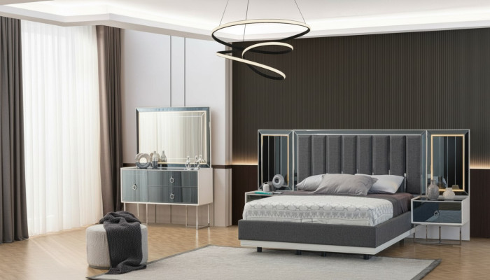 Moderne Grau-Weiße Schlafzimmer Möbel Holz Nachttische Doppelbett 5tlg