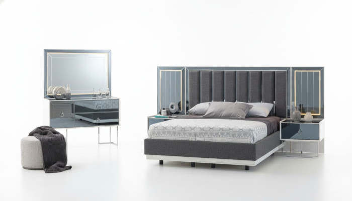 Moderne Grau-Weiße Schlafzimmer Möbel Holz Nachttische Doppelbett 5tlg