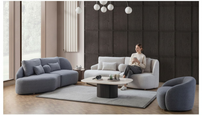 Grau-weiße Wohnzimmer Garnitur 3+3 Sitzer Designer Textilsessel 3tlg