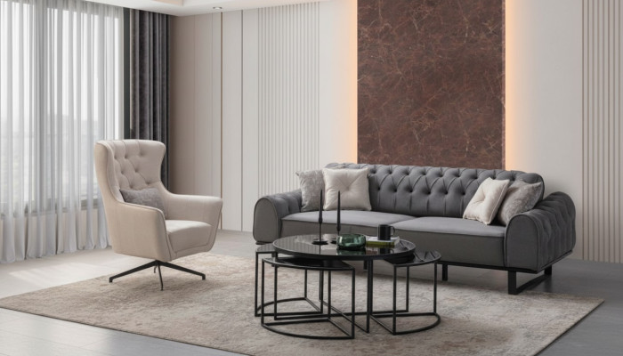 Grauer Chesterfield Dreisitzer Luxuriöser Polster Weißer Sessel 2tlg Set