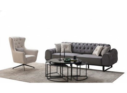 Grauer Chesterfield Dreisitzer Luxuriöser Polster Weißer Sessel 2tlg Set