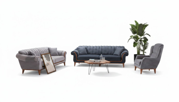 Blau-Graues Wohnzimmer Set Moderne Sofagarnitur 3+3+1 Sitzer Sessel Neu