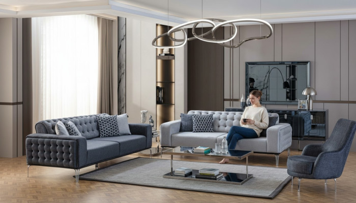 Chesterfield Graue Sofagarnitur Wohnzimmer Couchen Dreisitzer+Sessel