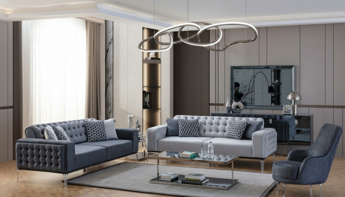 Chesterfield Graue Sofagarnitur Wohnzimmer Couchen Dreisitzer+Sessel