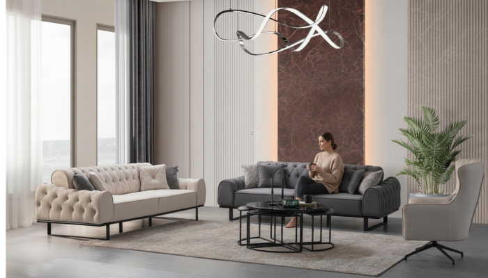 Weiß-Graue Chesterfield Couchgarnitur Designer Polster Sessel 3tlg Set