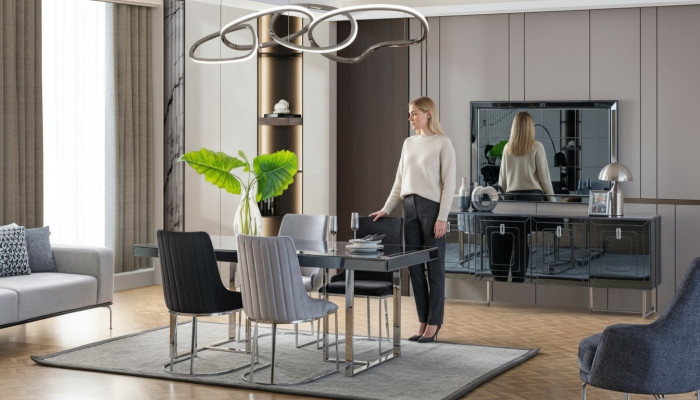 Schwarz-Graue Esszimmer Möbel Rechteckiger Esstisch 4x Textil Stühle