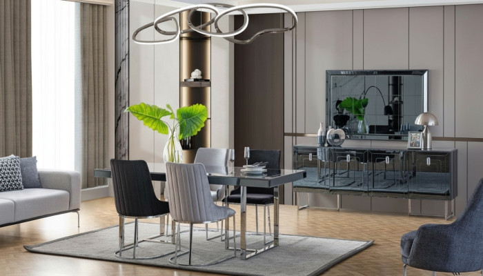 Schwarz-Graue Esszimmer Möbel Rechteckiger Esstisch 4x Textil Stühle